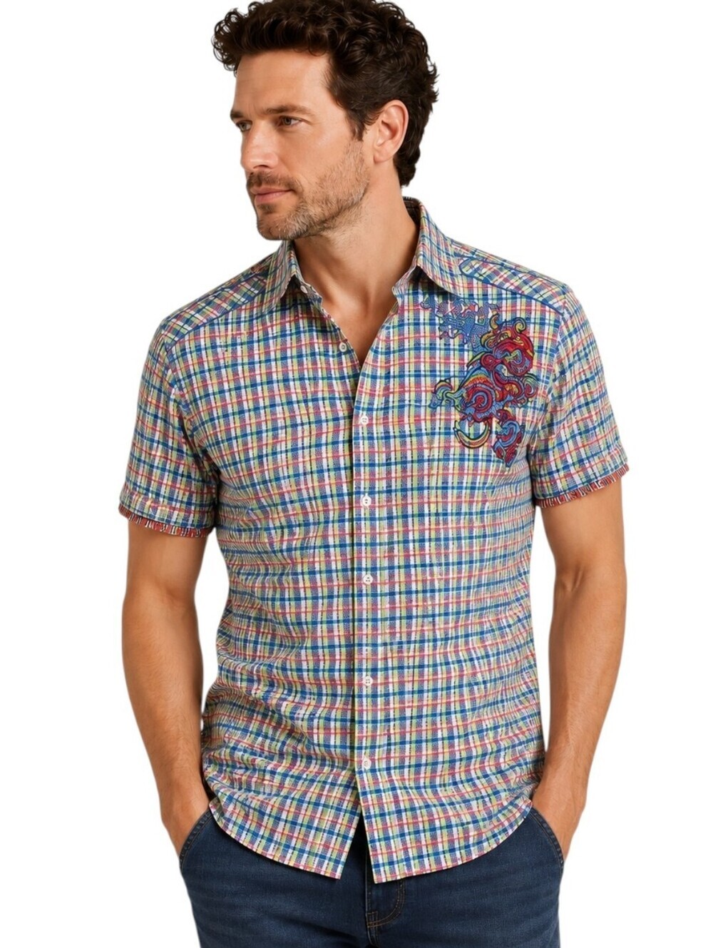 Robert Graham Embroidered Plaid Button Down Short Sleeve Shirt Men's Medium